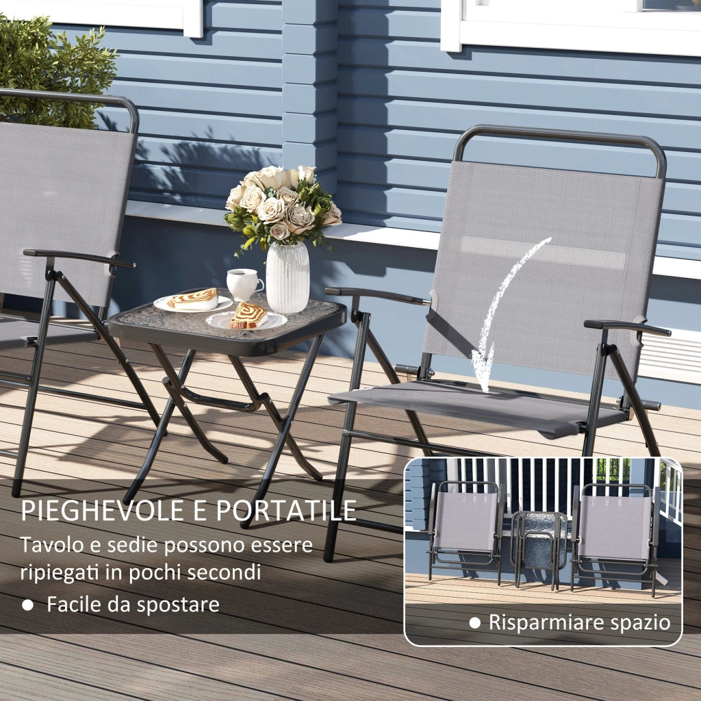 Set da Giardino 3 Pezzi Tavolo con Piano in Vetro e 2 Sedie Pieghevoli Grigio