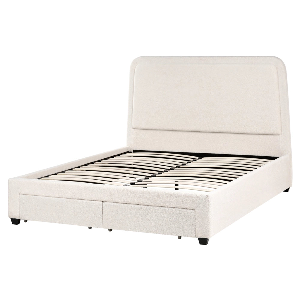 Letto imbottito in bouclé bianco sporco 160 x 200 cm Design scandinavo con morbidi cassetti sulla testiera