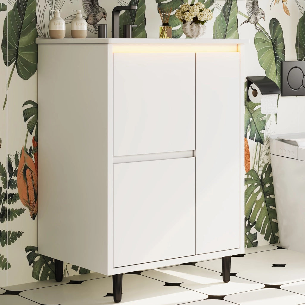 Mobile sottolavabo con lavabo in ceramica, 2 cassetti e 1 anta, per bagno, bianco, 61 × 46,5 × 87 cm