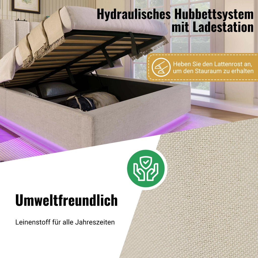 LETTO Contenitore 160x200 cm Beige in lino con LED e ricarica USB-C