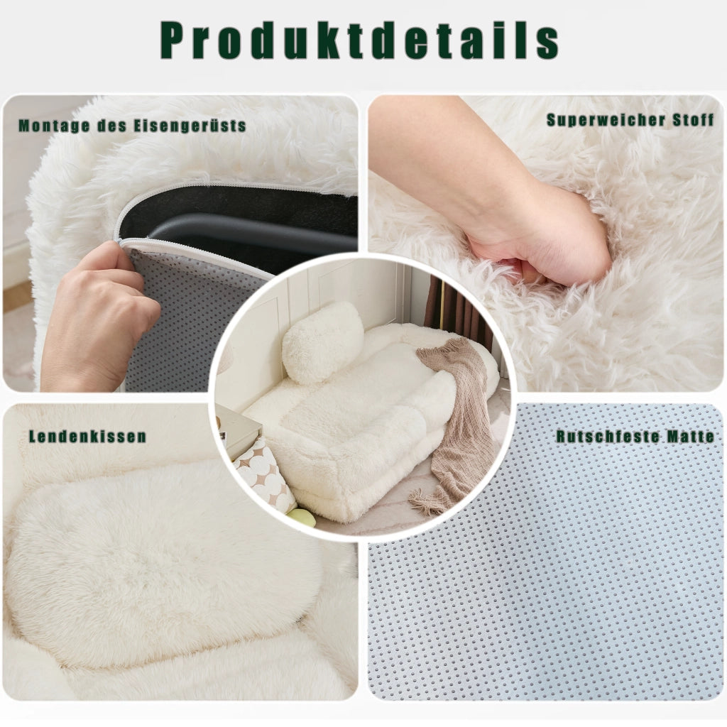 Canapé convertible da pavimento con schienale regolabile a 5 posizioni e cuscino in pelliccia sintetica beige