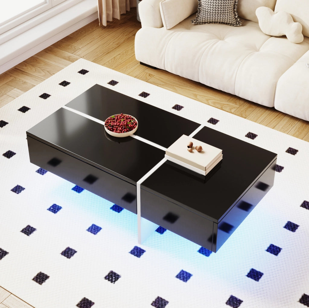 Tavolino da caffè nero lucido con LED e 3 cassetti