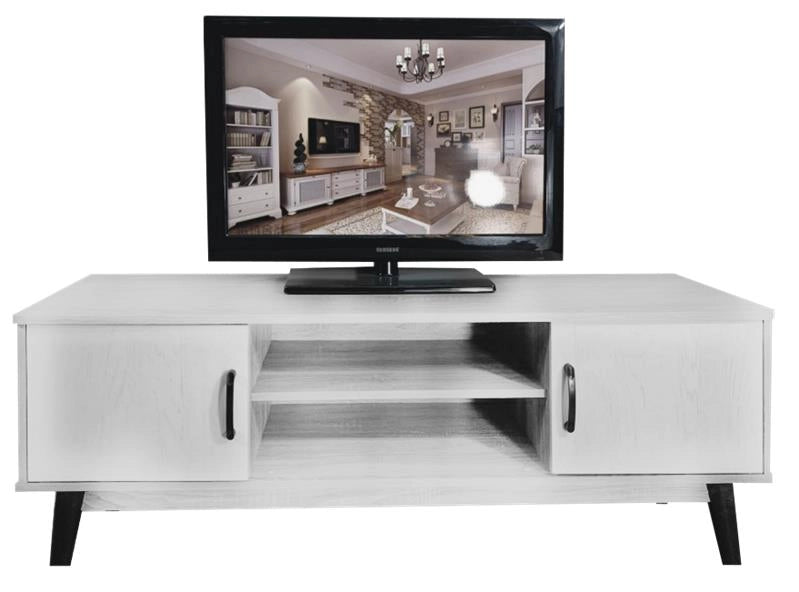 MOBILE TV IN MDF COLOR BIANCO LEGNO CON DUE ANTE E DUE RIPIANI MISURE: 140X38X44CM