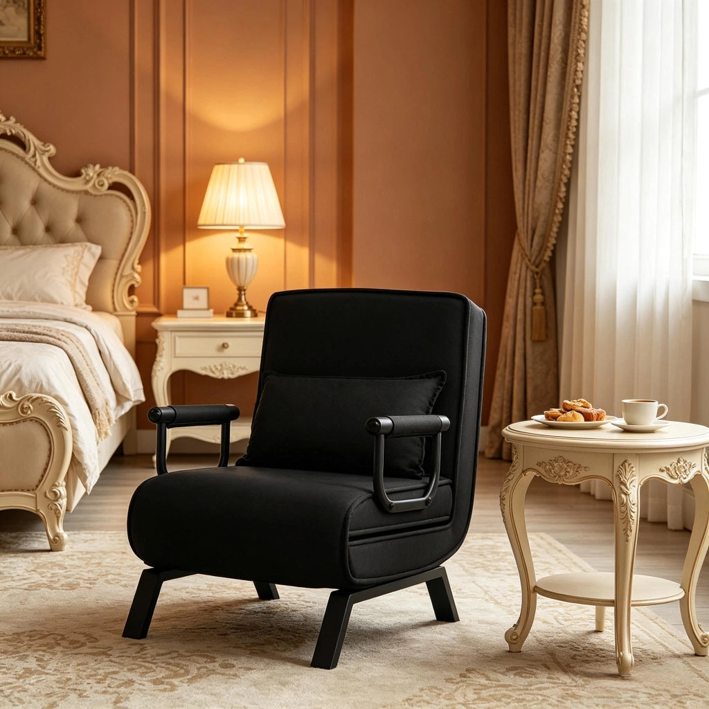 POLTRONA 3 in 1 convertibile 65x78x75 cm Nero in lino, schiuma e metallo