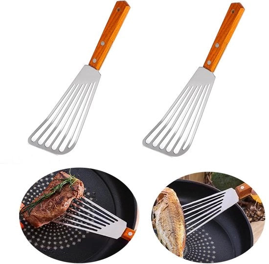 Set da cucina 2 in 1 composto da un mestolo di legno con manico, un grande mestolo in acciaio inossidabile con righe, un mestolo robusto, un mestolo antiaderente per pentole, un mestolo per bistecche e un mestolo metallico per biscotti.