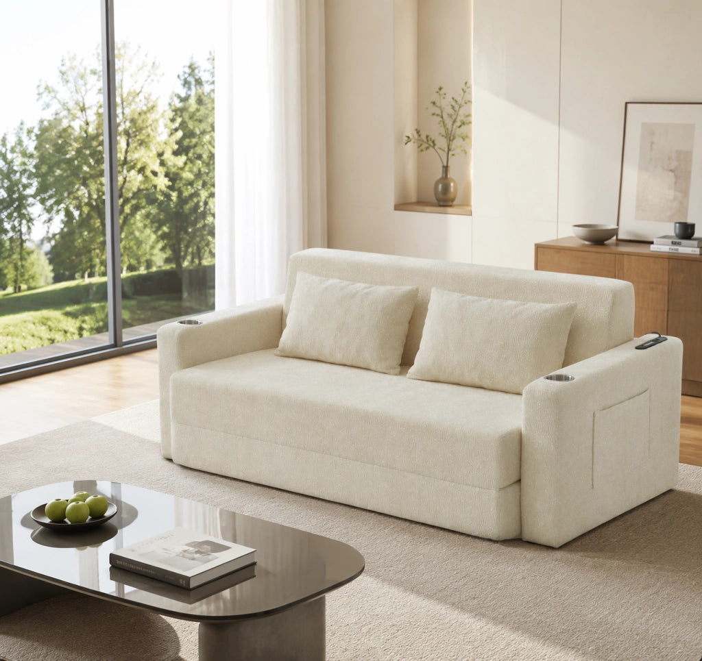Divano letto a 2 posti con funzione letto, USB, portabicchieri e tasche laterali in morbida chenille beige