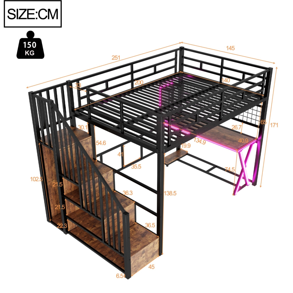 Letto a soppalco 140 x 200 cm con scrivania, armadio, scaffali e luci