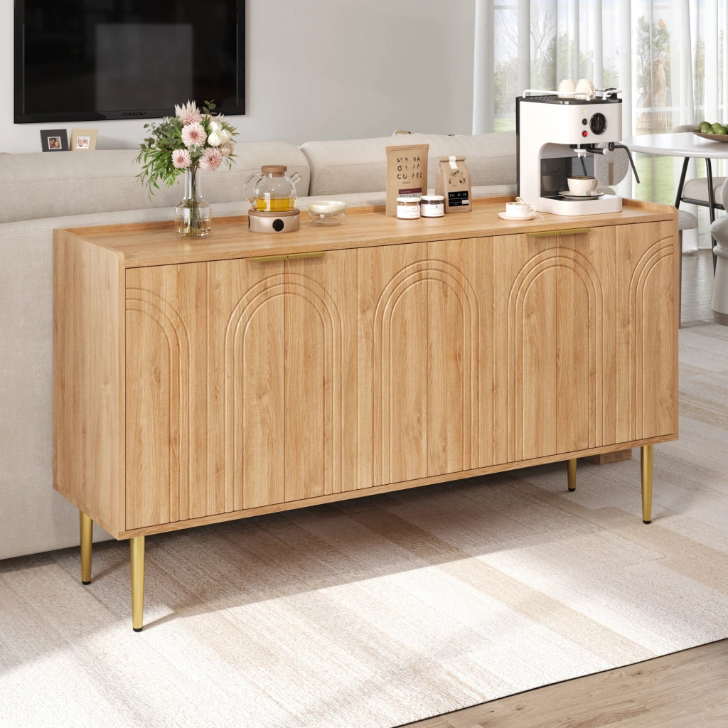 Credenza con 4 Ante e Ripiani Regolabili; Gambe in Metallo Dorato; Stile Moderno; in MDF; Naturale; 140??38??75 cm