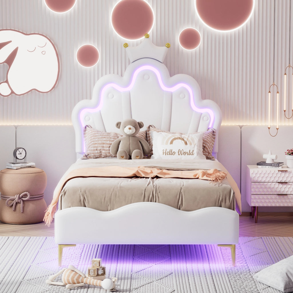 OKWISH Letto Bambini 90×200 cm, Letto Singolo con LED Regolabile, Testiera a Corona e Luce Sotto Letto, senza Materasso, PU Bianco