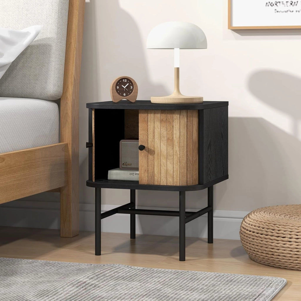 Tavolino comodino con ante scorrevoli, comodino in legno e gambe in metallo, piccolo comodino, comodino, comodino, tavolino da caffè, tavolo per soggiorno, camera da letto, 40 x 39 x 49 cm