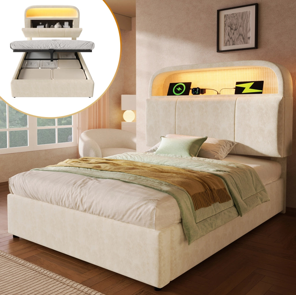 Letto singolo 90x200 cm con contenitore, LED e USB, beige