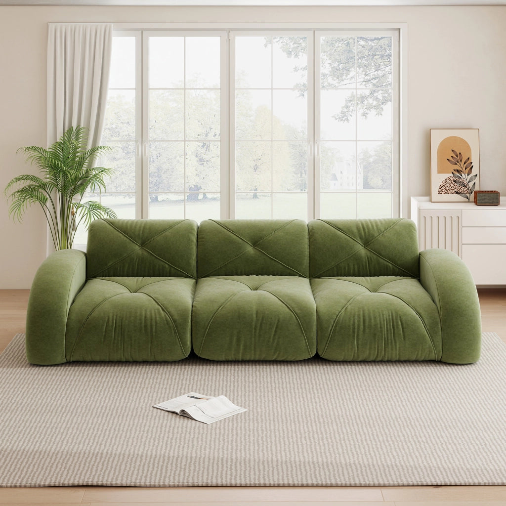 Divano modulare senza struttura con seduta morbida e design antiscivolo per soggiorno a tre posti in chenille verde