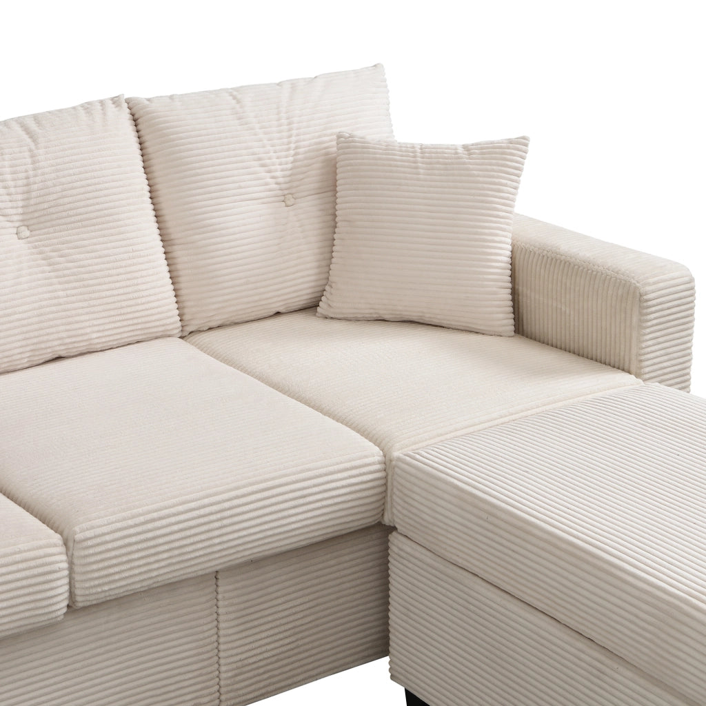 Divano angolare modulare in tessuto cord beige con LED; pouf 98x51 cm e cuscini