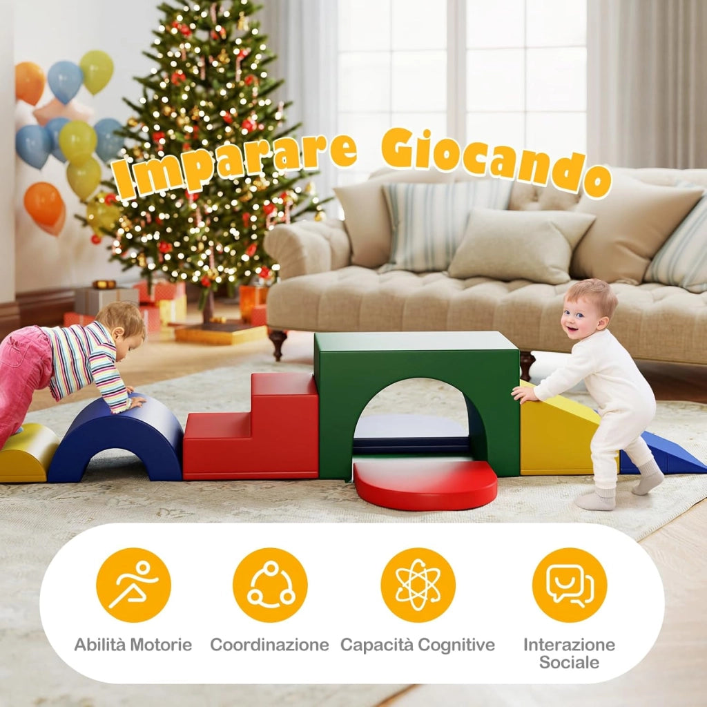 Set di 7 Blocchi da Arrampicata e Strisciamento per Bambini da 1 Anno in Su, Set di Costruzioni in Schiuma da Interno per Bambini a Arrampicarsi, Strisciare e Scivolare (Verde)
