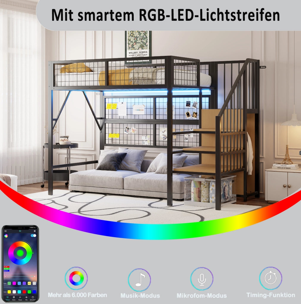 Letto a soppalco 90x200 cm in metallo con LED e scala contenitore