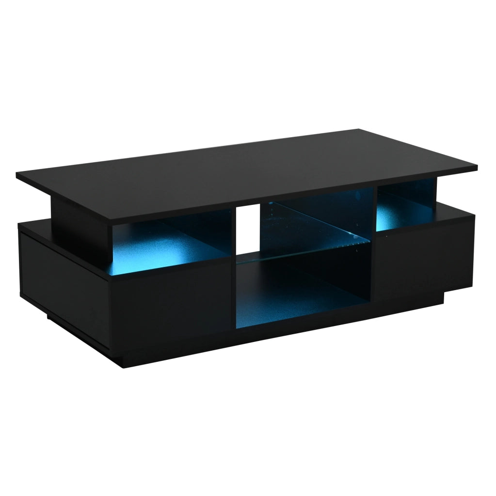 Tavolino da caffè 100x50x36 cm con 2 cassetti; LED; ripiani in vetro; nero lucido