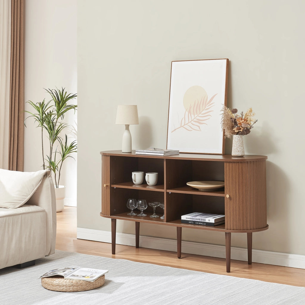 Mobile Contenitore Mapia con Ante Scorrevoli Credenza Bassa Madia 140x40x75 cm Effetto Noce [en.casa]