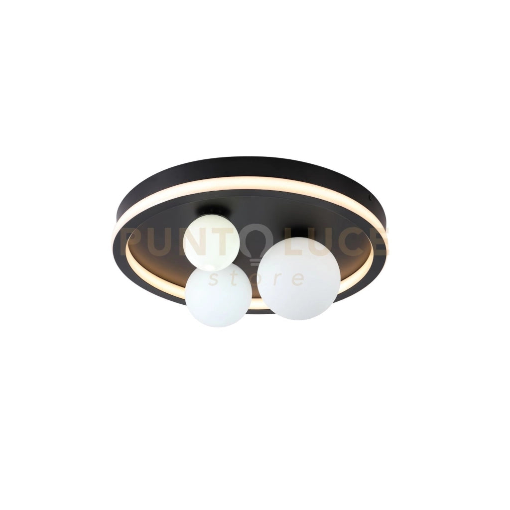 Trident 3Lt LED Flush, metallo nero e sfere in vetro opalino