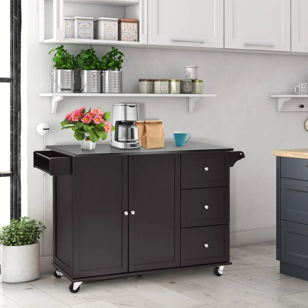 Isola da cucina mobile con piano di lavoro in acciaio inox, carrello da cucina con 3 cassetti e portasciugamani e ripiano regolabile, armadio da cucina su ruote, trolley da cucina 135 x 45,5