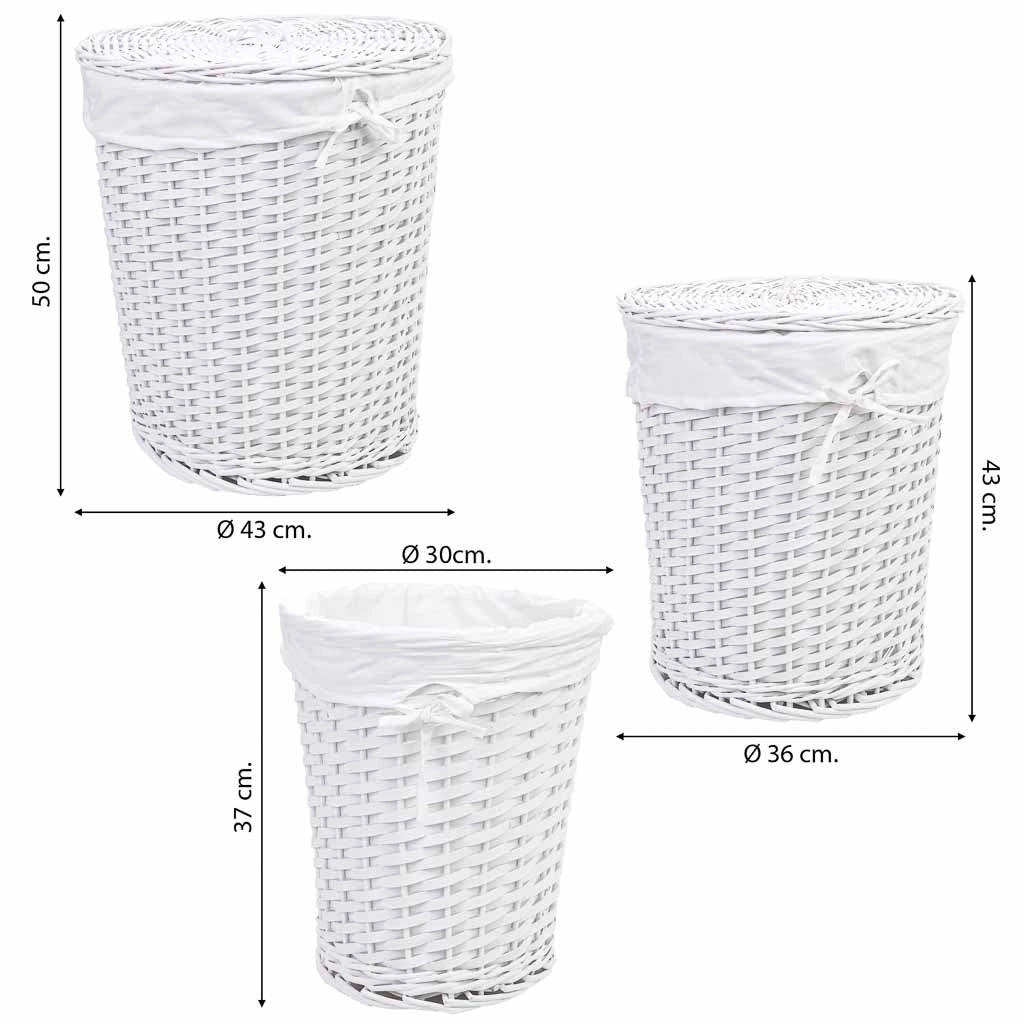 Set di 3 cestini in vimini bianchi: L: 43x43x50 cm, M: 36x36x43 cm, S: 30x30x37 cm