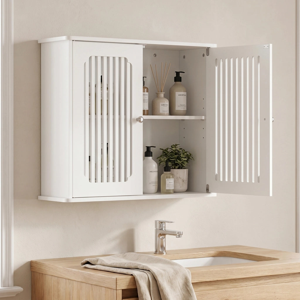 Pensile bagno bianco con ante a lamelle, armadietto sospeso in MDF e truciolare 69,3x43,8x11 cm