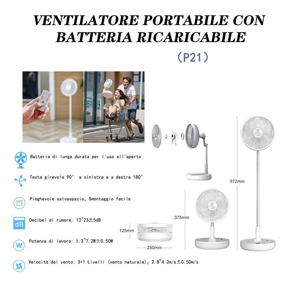Trade Shop - Ventilatore Portatile P21 Batteria Ricaricabile Salvaspazio Pieghevole Silenzioso -