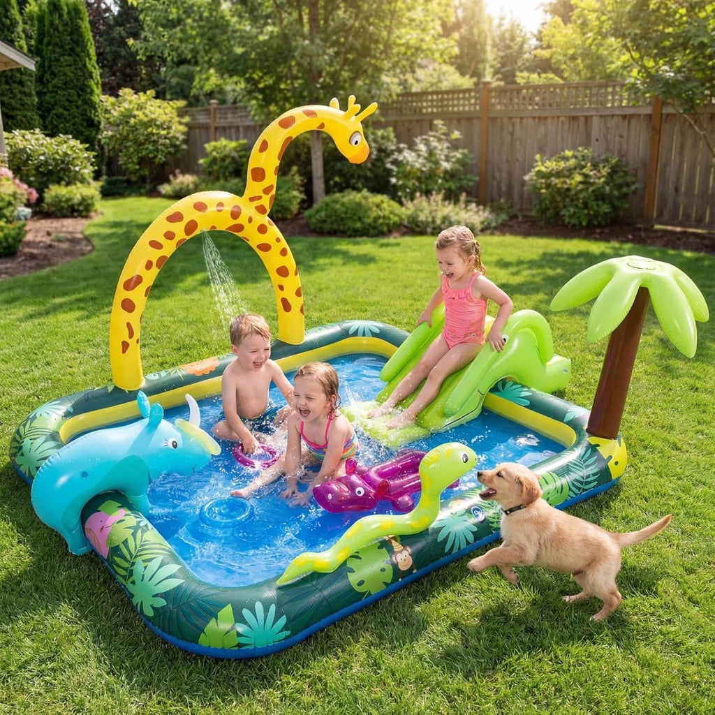 Piscina Gonfiabile Bambini, Parco Giochi Acquatico a Tema Giungla con Scivolo, Irrigatore a Arco, Gioco degli Anelli e 2 Toppe di Riparazione per Bambini 2-6 Anni, 208 x 178 x 138 cm