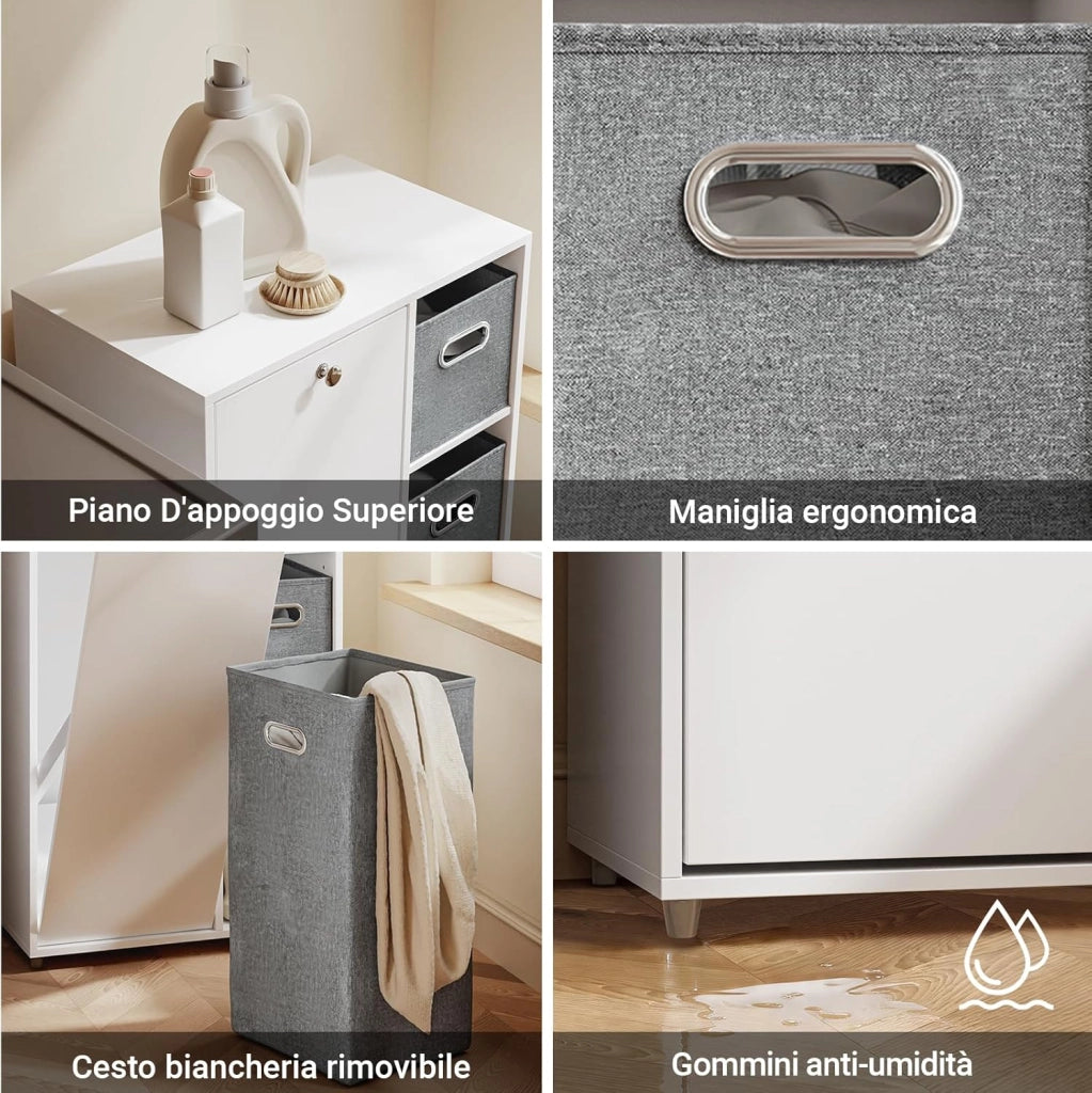 Mobiletto Bagno Salvaspazio con Cesto Portabiancheria - Mobile Lavanderia Bianco Armadietto Bagno Stretto con 2 Cassetti in Tessuto Mobile Salvaspazio 50x30x105 cm BZR218-W