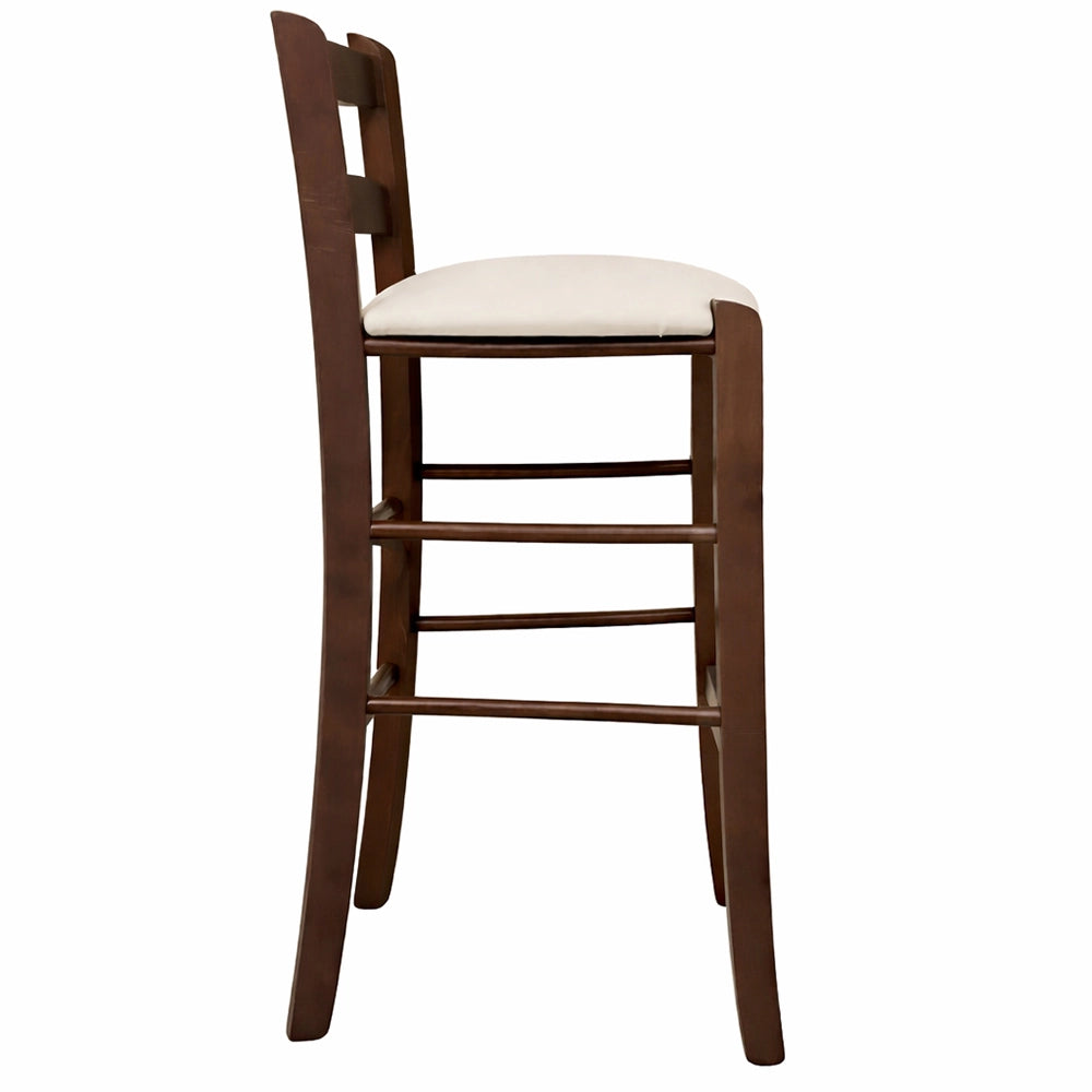 Sgabello in legno noce scuro h 67 seduta imbottita in similpelle beige/crema