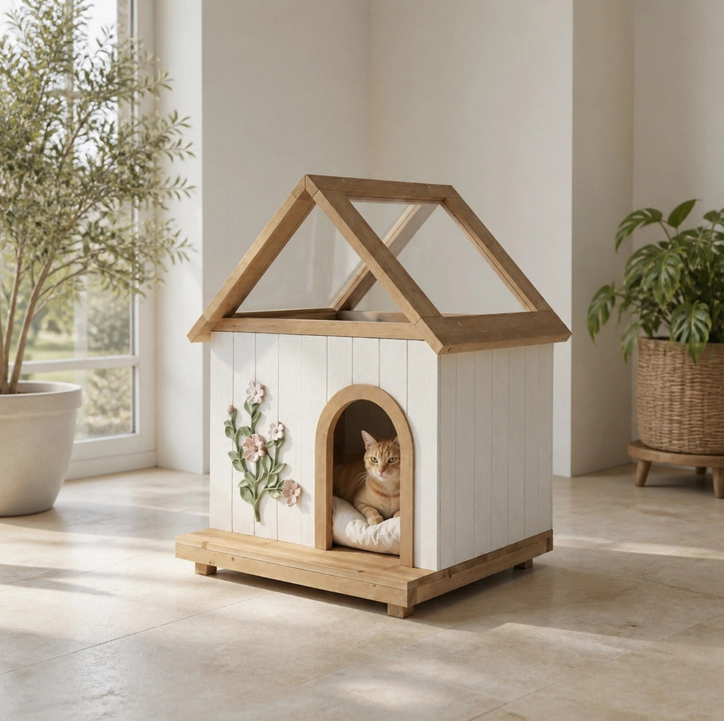 Casetta per gatti e cani di piccola taglia in legno con tetto in acrilico 60x55x80 cm; bianco
