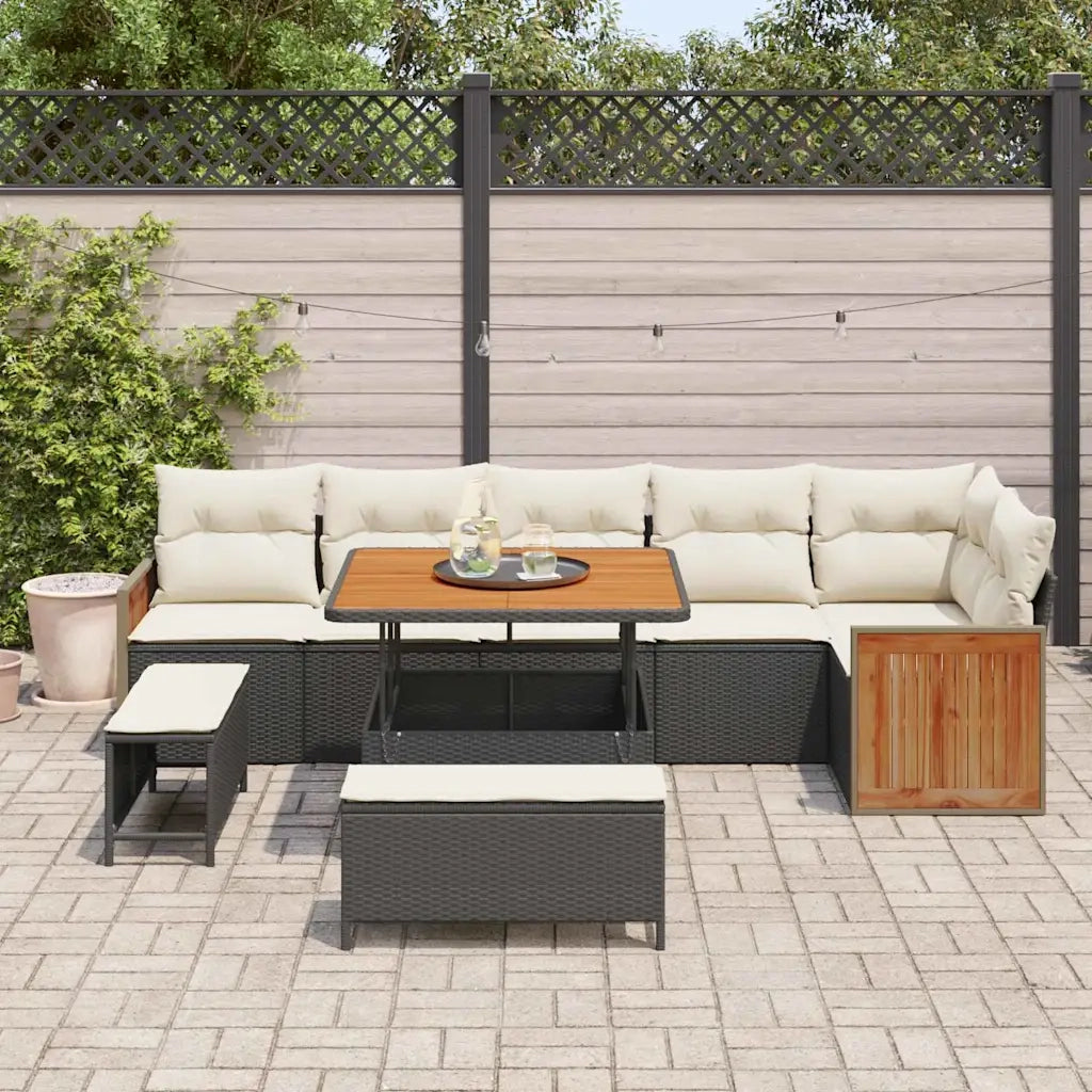 Set Divano da Giardino 11 pcs Nero e Crema polyrattan