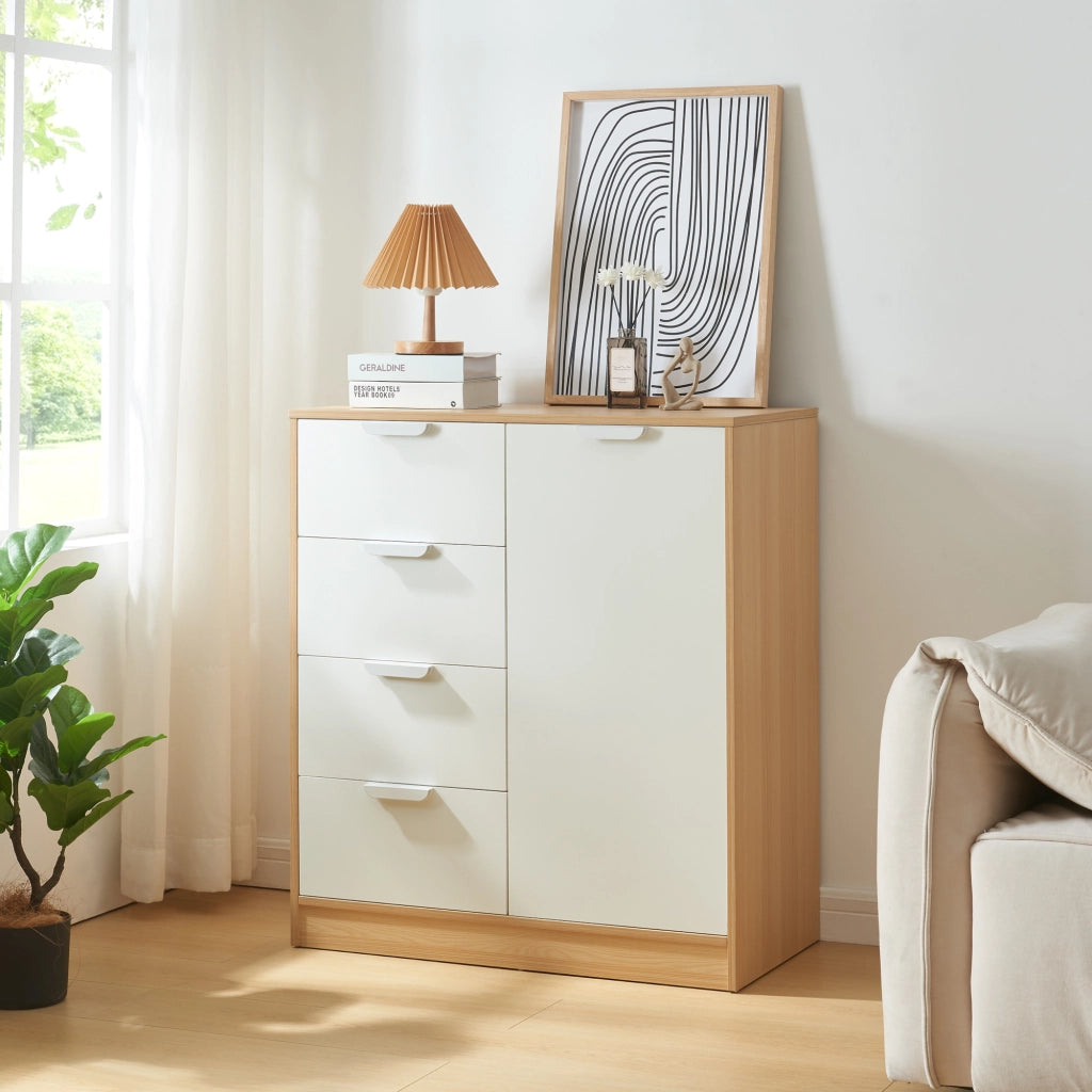 Comò Varkaus con 4 Cassetti e Anta- Effetto Rovere / Bianco [en.casa]