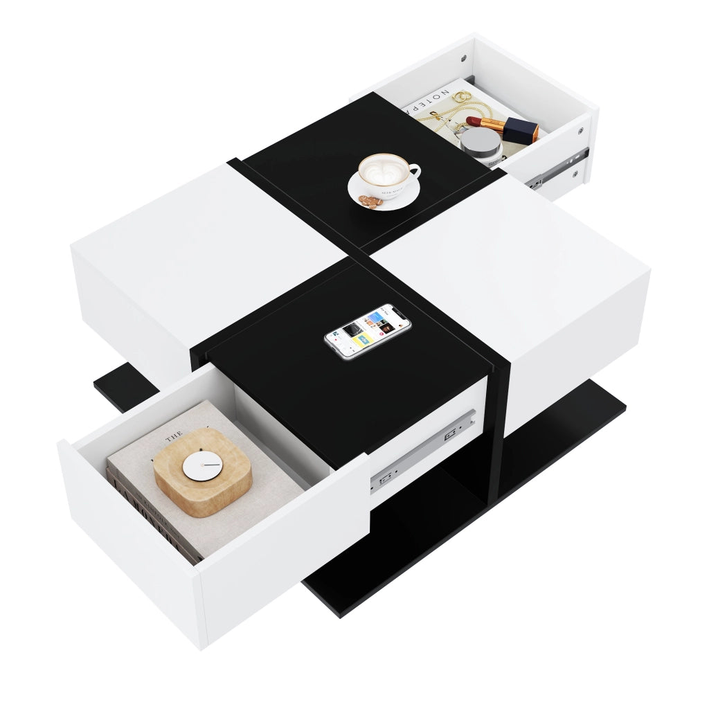 Tavolino da salotto quadrato con 2 Cassetti; vano contenitore nascosto; per soggiorno; in pannello truciolare; 70 × 70 × 35.5 cm; nero e bianco