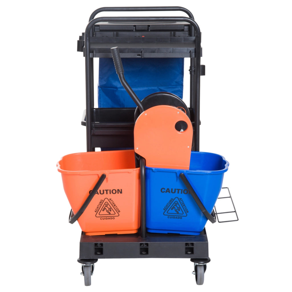 Carrello pulizia 3 piani con pressa ¨C zephmum ¨C 2 secchi 18L, sacco rifiuti, 4 ruote