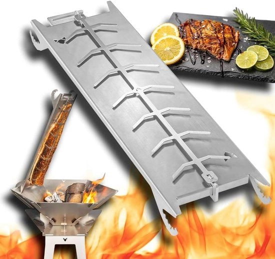 Houder per salm in acciaio inossidabile - adatto per padelle da fuoco e barbecue - con meccanismo di sollevamento speciale