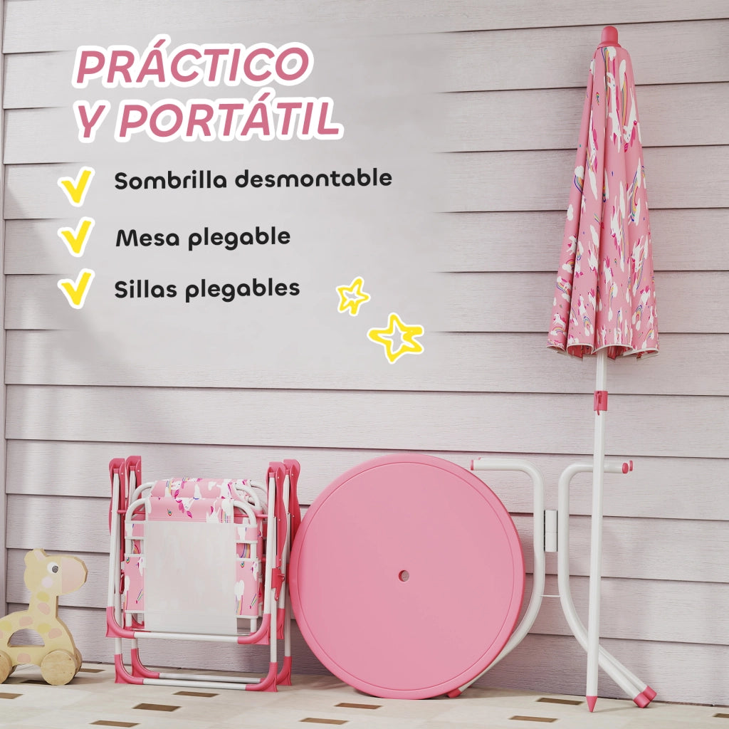 Set Tavolo e Sedie da Giardino per Bambini ¨C zephmum ¨C Rosa, Pieghevole, 4 Pezzi, Design Unicorni