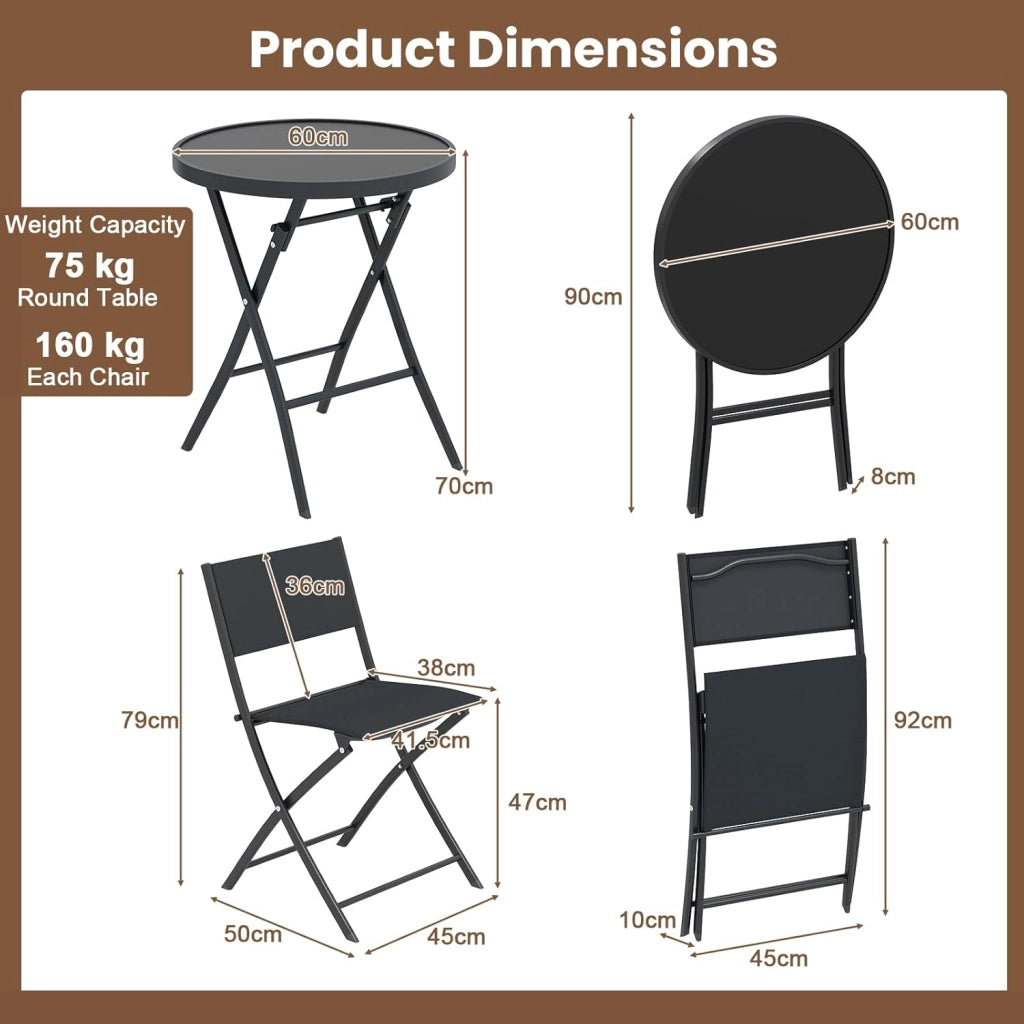 Set da bistrot da 3 pezzi, pieghevole, set da giardino in tessuto tessile con telaio in metallo, set da tavolo in vetro temperato e 2 sedie, set da pranzo per balcone, terreza