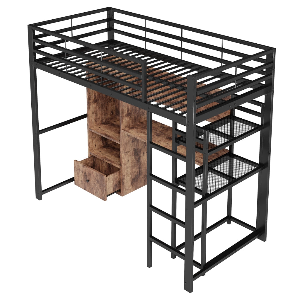 Letto a castello nero in metallo e MDF con illuminazione LED scrivania cassetti scaffali 90x200cm