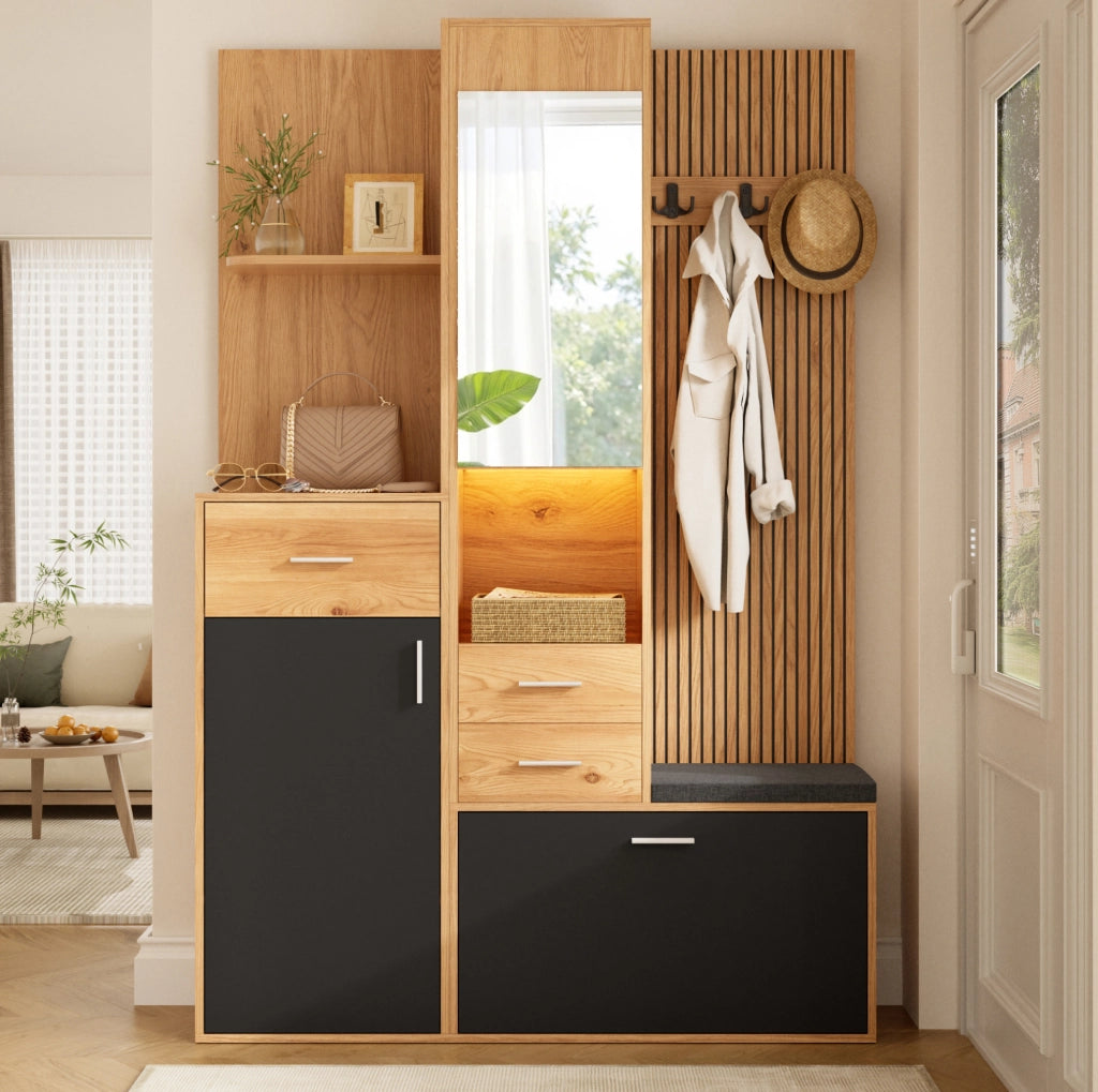 Guardaroba multifunzionale da ingresso 120x32x178 cm in MDF e truciolare; nero e naturale