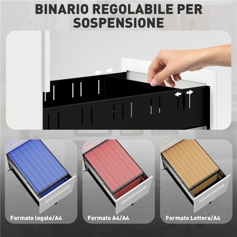 SCHEDARIO PORTADOCUMENTI IN ACCIAIO A 5 RUOTE CON 2 CASSETTI E VASSOIO PORTAPENNE 30X43.5X60 CM BIANCO