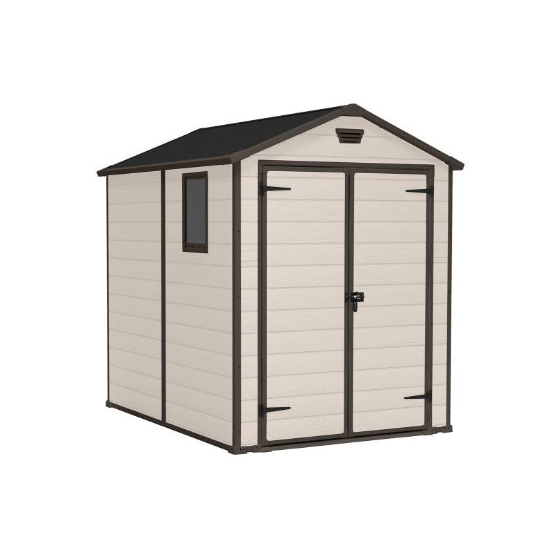 Casetta da giardino in resina effetto legno 185,8x236,8 cm - pavimento e doppia porta - porta lucchettabile - Beige – Keter