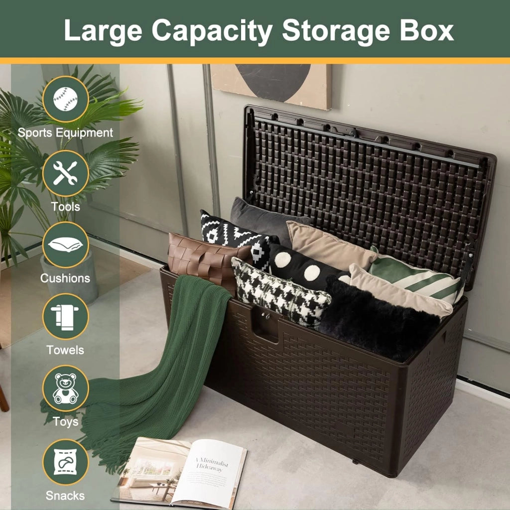 Cassapanca Per Esterni in Metallo e PE Rattan, Contenitore Impermeabile da 276 L, con Chiusura a Chiave, 114 x 54 x 56 cm, Marrone