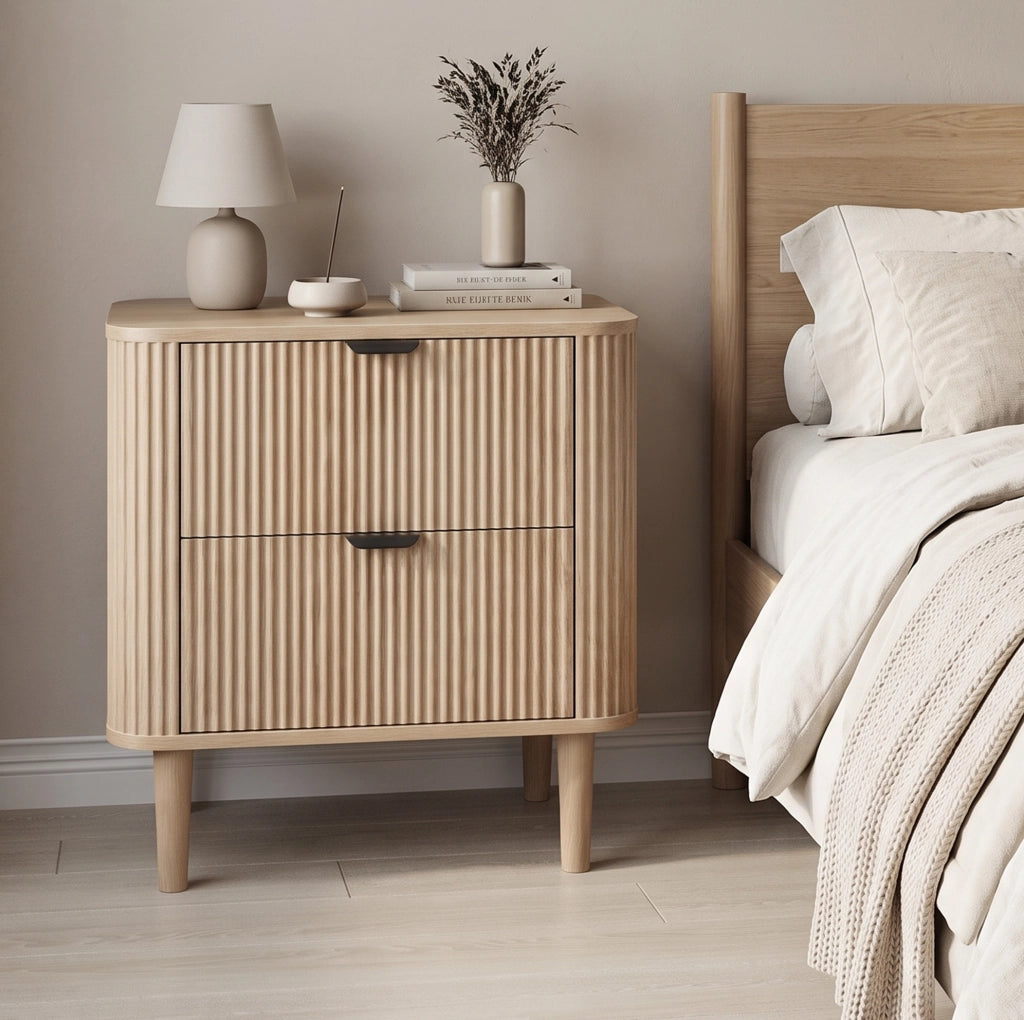 Comodino 2 cassetti in MDF effetto rovere con gambe in legno HAVRYA