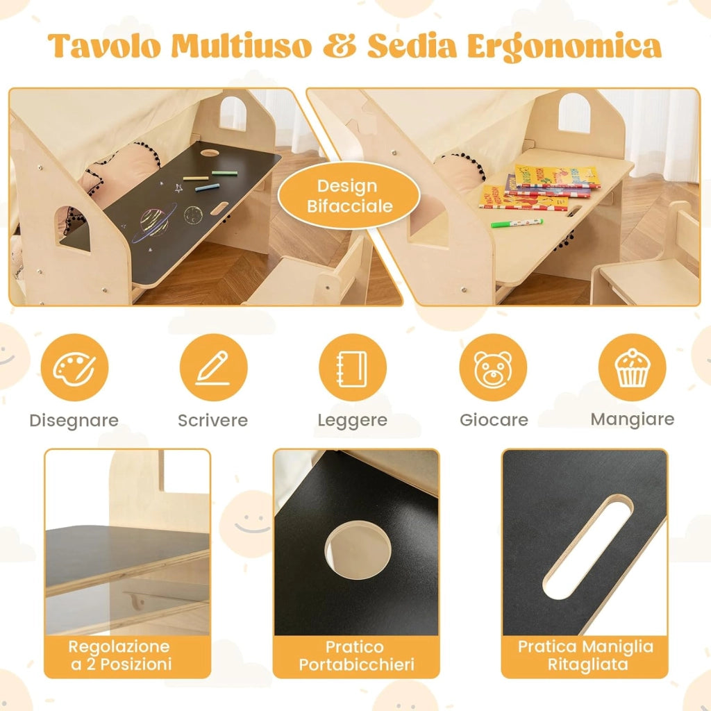 6 in 1 Tenda per Bambini in Legno, Tenda Casetta da Gioco con Tavolo e Sedia, con Tappetino Lavagna e 6 Scatole Portaghiochi, Capanna per Bambini (Beige 98 x 145 x 113 cm)