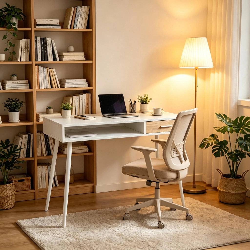 Scrivania lineare con 1 cassetto e vano aperto per ufficio e casa moderna in MDF e metallo bianco 110 × 50 × 75 cm