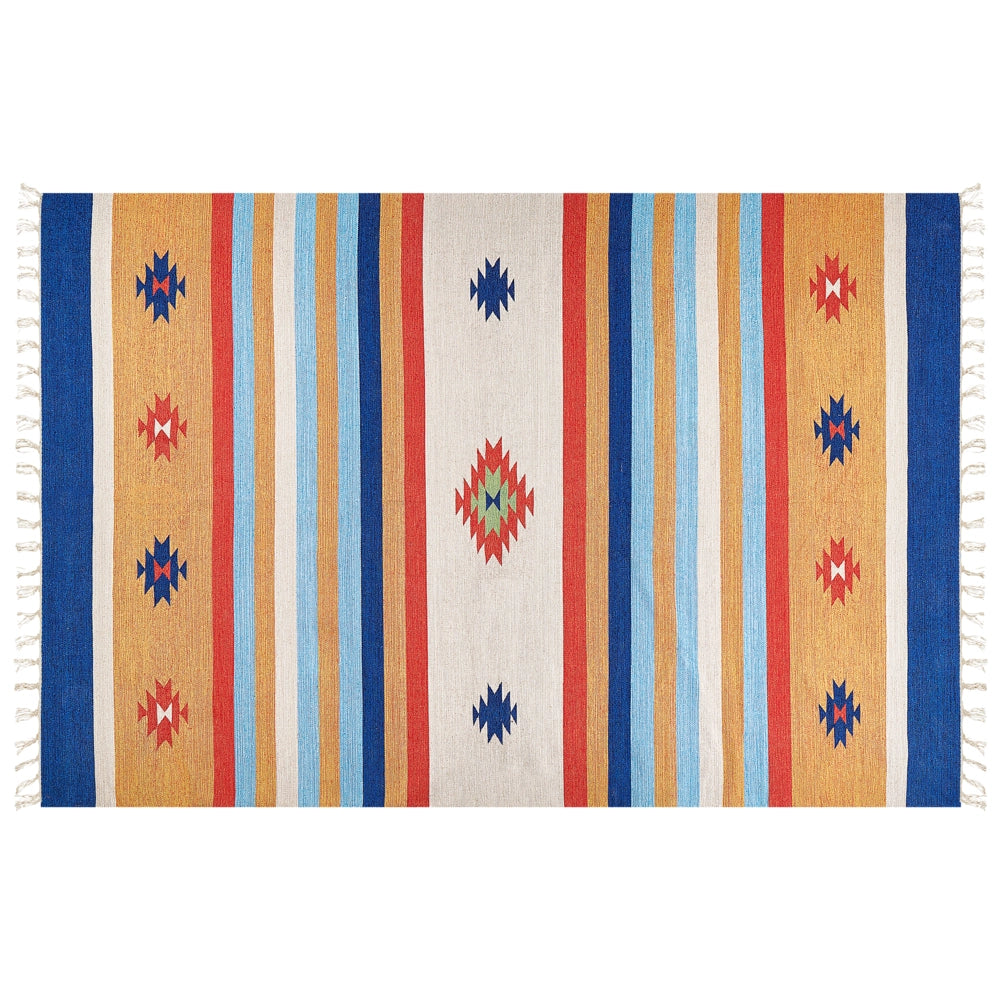 Tappeto Kilim in cotone intrecciato a mano con motivo geometrico reversibile e nappe 200 x 300 cm multicolore soggiorno camera da letto