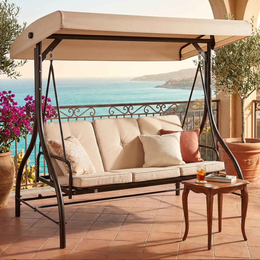 Dondolo Da Esterno 3 Posti Con Copertura Parasole Seduta Regolabile Convertibile In Letto Telaio In Acciaio Per Giardino Patio E Terrazza 195 X 120 X 175 Cm Beige
