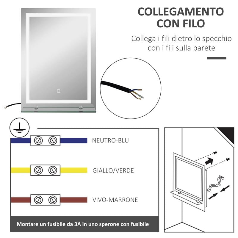 SPECCHIO PER BAGNO A LUCI LED A 3 COLORI REGOLABILI CON MENSOLA IN VETRO 50X12X70 CM ARGENTO