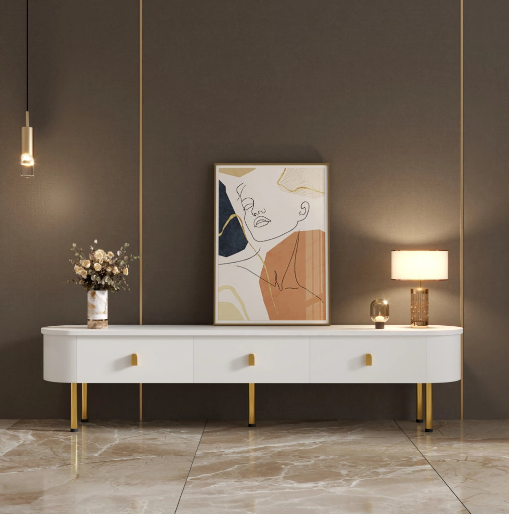 Mobile TV moderno 174 cm in MDF bianco con 3 cassetti; maniglie e gambe dorate