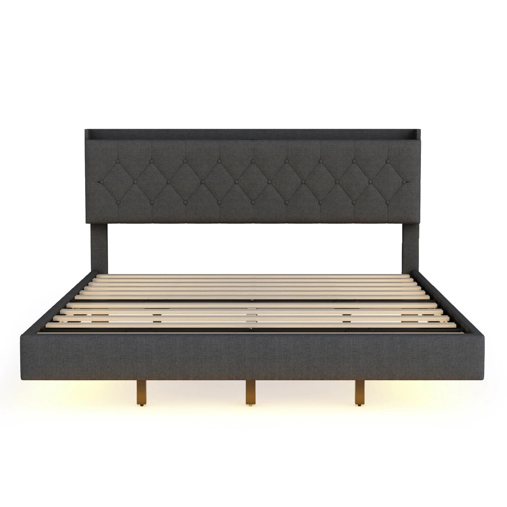 Letto imbottito matrimoniale 160×200 cm con USB; LED multicolore e contenitore; senza materasso; grigio
